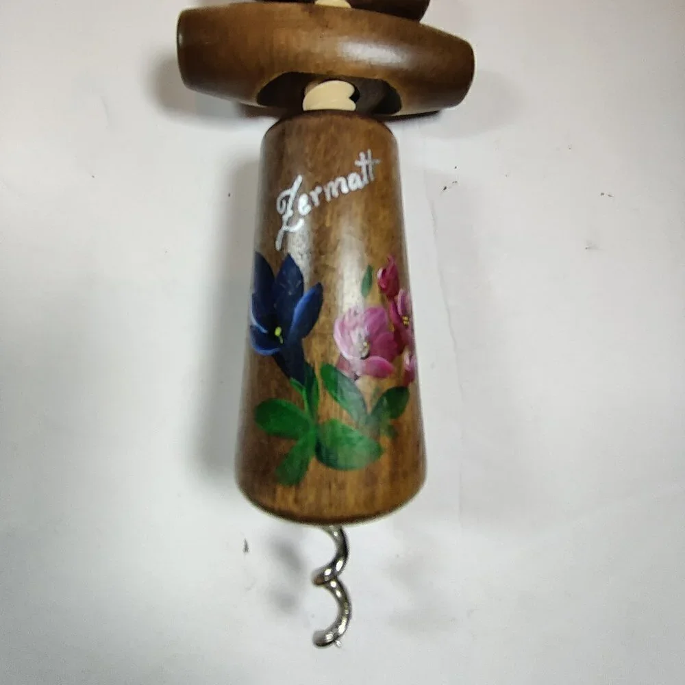 Wine Opener from Switzerland , city of Zermatt with Hand Painted Flowers on wood